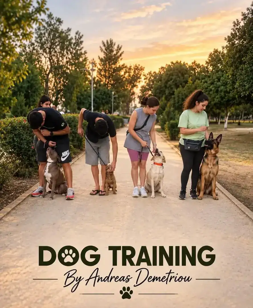 Group dog training in Cyprus with four owners and their dogs