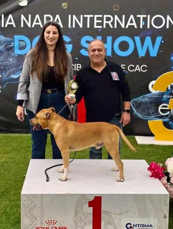 Andreas Demetriou with a winning dog on the podium at the Ayia Napa International Dog Show, April 2026